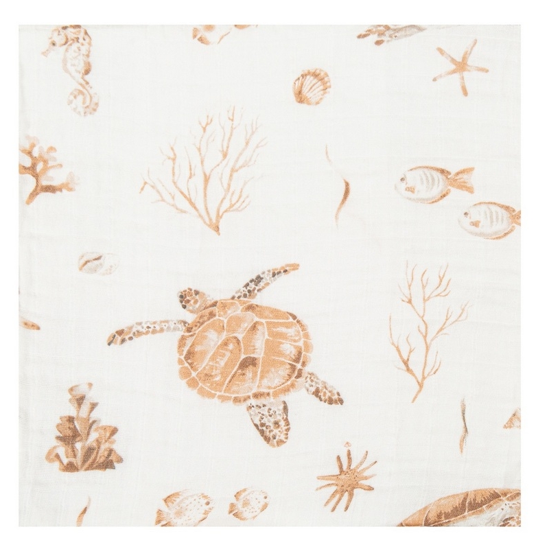 Muselina grande de bambú para bebé OCEAN dibujo tortugas y caballitos de mar