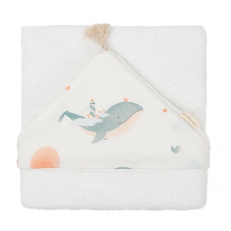 Capa de baño medida 100x100 para bebé MOBY capucha con ballena
