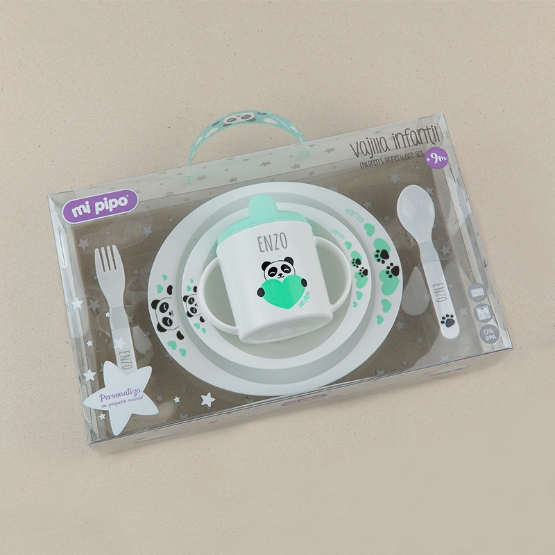 Platos y cubiertos personalizados para bebé PANDA de Mi Pipo