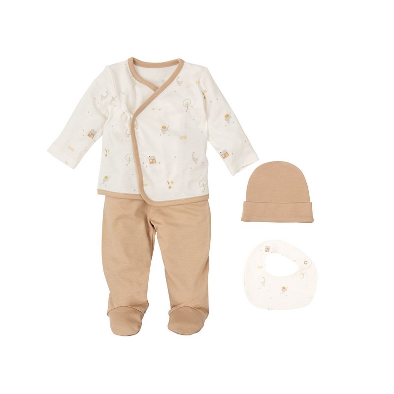 Primera puesta bebé con gorro y babero FARM textil natural con bambú