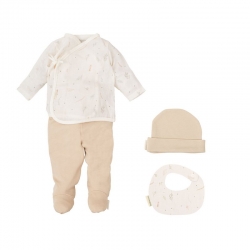 Conjunto de primera puesta bebé con gorro BOTANIC flores beige