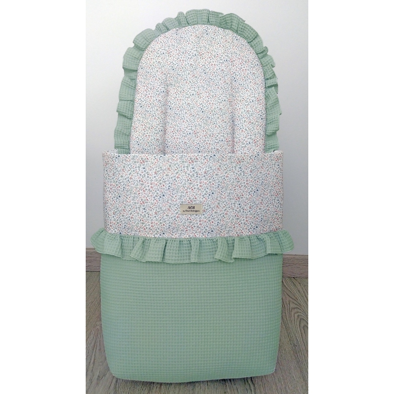 Saco de cuco para bebe PRADERA tejido pique menta y estampado de flores